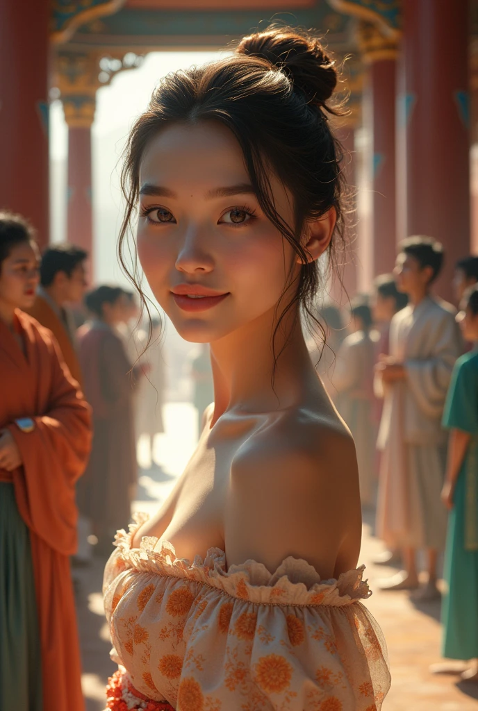 A beautiful girl in temple look osom and attractive many people with their smile and it at front