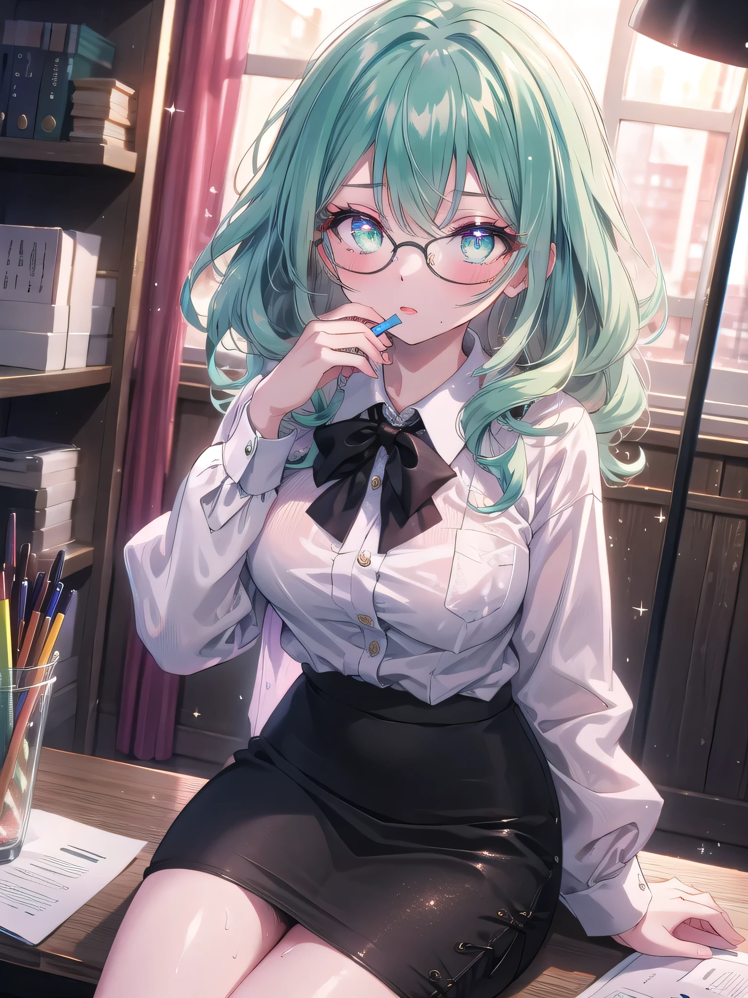 ((8k, Highest quality, masterpiece: 1.3)),Ultra-high resolution,(1 girl, alone), (Color changing eyes, Ultra-detailed, Expressive brilliance, Glitter, Glowing Eyes), Highly detailed eyes, Highly detailed face, Random Hair, ((pastel colour)),A confident young woman with pastel mint-green hair styled into soft curls, sitting at her desk in her dimly lit bedroom during a quiet night. She is dressed in a seductive secretary cosplay, wearing a tight pencil skirt, a low-cut blouse, and a pair of glasses perched on her nose. The camera captures her from a slightly elevated angle as she leans over the desk, her expression professional yet alluring. The room is softly lit by a desk lamp, with a laptop, some papers, and a few office supplies spread out, creating an atmosphere of both professionalism and seduction,(nsfw:1.2)