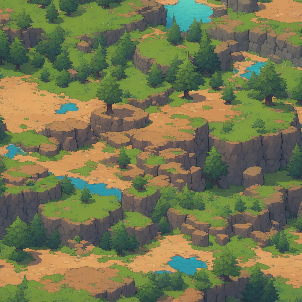 Retro video game style, pixelated, vibrant colors, 8-bit characters, blocky shapes, sharp lines, detailed shading, classic gaming vibe, nostalgic atmosphere, classic arcade games. Masterpiece:1.2, ultra-detailed, illustration style. 2D texture, stone texture, 4K seamless mud texture, video game texture, dirt texture. Game tiles, grass, 3/4th perspective trees, 3/4th perspective tileable rock texture, 3/4th perspective tileable cliff formations, tileable trees, top-down view, tileable texture. Very detailed cliff texture, intricate stones.
Mountain Terrain: Diverse mountain shapes and elevations, including peaks, ridges, and valleys.
Texture Detail: High resolution with intricate details like rocky surfaces, crags, and natural erosion patterns.
Seamless Pattern: Ensure that the edges of the tile seamlessly align with adjacent tiles to create a continuous and coherent mountain range when repeated