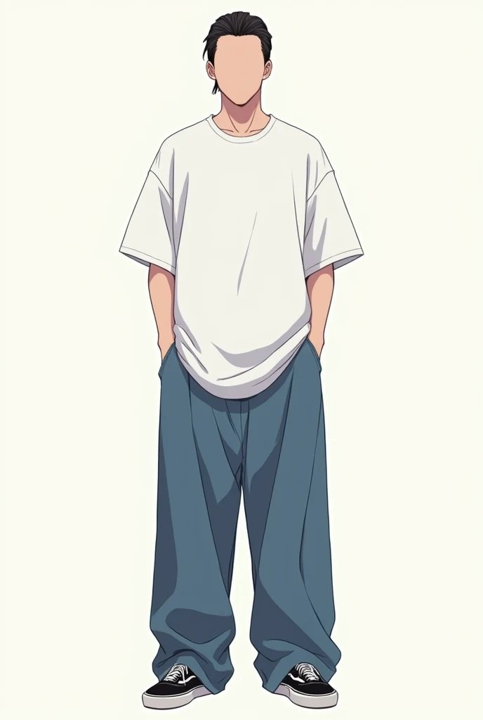 Oversized clothing, plain white t-shirt, wide jeans, black VANS sneakers, man, slicked back, front, whole body, anime