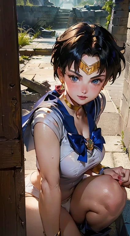 (La Best Quality,A high resolution,Ultra - detailed,actual),Selena Gomez in sailor moon mercury, ,(Ruined dungeon ruins background:1.4 ). ( SPARKLE; Glitter, (skirt lifted by itself: 1.1), (skirt lift: 1.3), (showing white panties: 1.3), More detailed 8K.unreal engine:1.4,UHD,La Best Quality:1.4, photorealistic:1.4, skin texture:1.4, masterpiece:1.8,first work, Best Quality,object object], (detailed face features:1.3),(The correct proportions),(Beautiful blue eyes),  (cowboy pose), ,(Ruined dungeon ruins background:1.4 ), (skirt lifted by itself: 1.1), (skirt lift: 1.3), (showing white panties: 1.3),( cinematic lighting :1.4), (bright colors), (Selena Gomez :1.4),( Selena Gomez V2.1), (perfect fingers :1.4), (perfect anatomy :1.4),( sailor moon mercury :1.4), (sailor moon mercurio V2.1)
(full-face blush:1.2),(embarrassed,blush:1.3),glasses,nsfw,
((from front,front face)),((highest quality)), ((masterpiece)), (be familiar with), (High definition), Cinematic, (Complex:1.4), Best Shadow, Side lighting, 8K, ((Charlize Theron)), ((Doronjo)), Perfect Face, Detailed, (Accurate hand and finger depiction), ((Doronjoのマスクとコスチューム)), (Blonde Long Hair), Beautifully long red nails, deep red lipstick, (Voluptuous body), (Large Breasts)、(Cleavage), Narrow waist, Big Ass, Alluring, glamorous, Smile, ((Crouching)), (woman on top), (Chest up:1.3), Flattering pig, looking away, aerial angle, (mechanical, complex body), ((huge god's weapon has female face's outline embedded)), small breast, drooping eyes, blush, sleepy, (art nouveau), The main character is Usagi Tsukino, a clumsy and seemingly ordinary age girl who discovers that she is the reincarnation of Sailor Moon, the legendary warrior of love and justice. Usagi is joined by other Sailor Guardians, including Sailor Mercury, Sailor Mars, Sailor Jupiter, and Sailor Venus, each of whom possesses unique powers and abilities. Together, they fight evil forces, protect the world from various threats, and search for the Moon Princess.