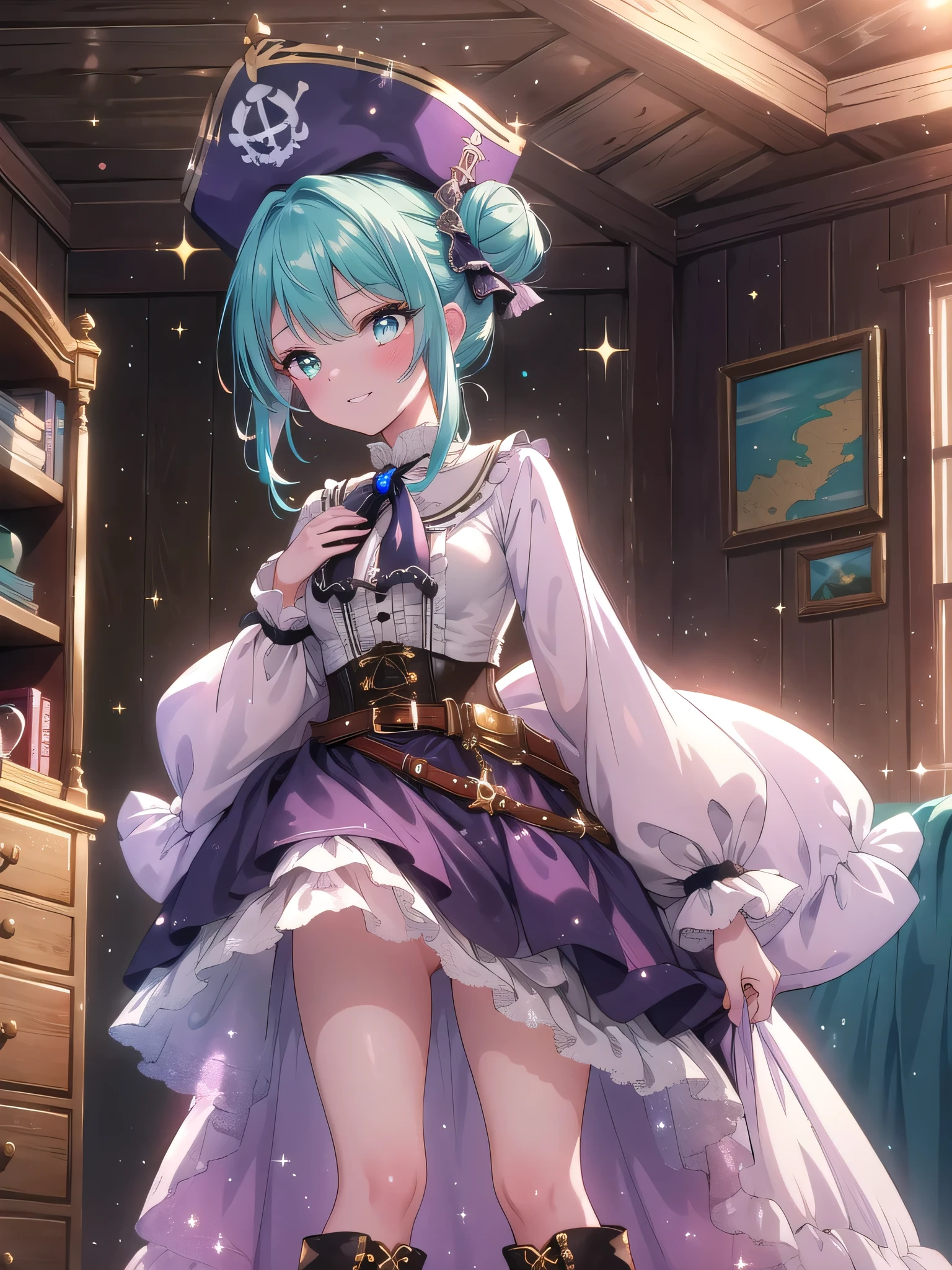 ((8k, Highest quality, masterpiece: 1.3)),Ultra-high resolution,(1 girl, alone), (Color changing eyes, Ultra-detailed, Expressive brilliance, Glitter, Glowing Eyes), Highly detailed eyes, Highly detailed face, Random Hair, ((pastel colour)),A playful young woman with pastel teal hair styled into a messy bun, standing by her dresser in her softly lit bedroom during the early hours of the night. She is dressed in a sexy pirate cosplay, wearing a white blouse with a deep neckline, a corset belt, a short skirt, and a pair of knee-high boots. The camera captures her from a low angle as she adjusts her tricorn hat with a cheeky grin, her expression adventurous and flirtatious. The room is filled with warm, ambient lighting, with a treasure chest at the foot of the bed, a map pinned to the wall, and a few scattered gold coins adding to the swashbuckling yet seductive atmosphere,(nsfw:1.2)