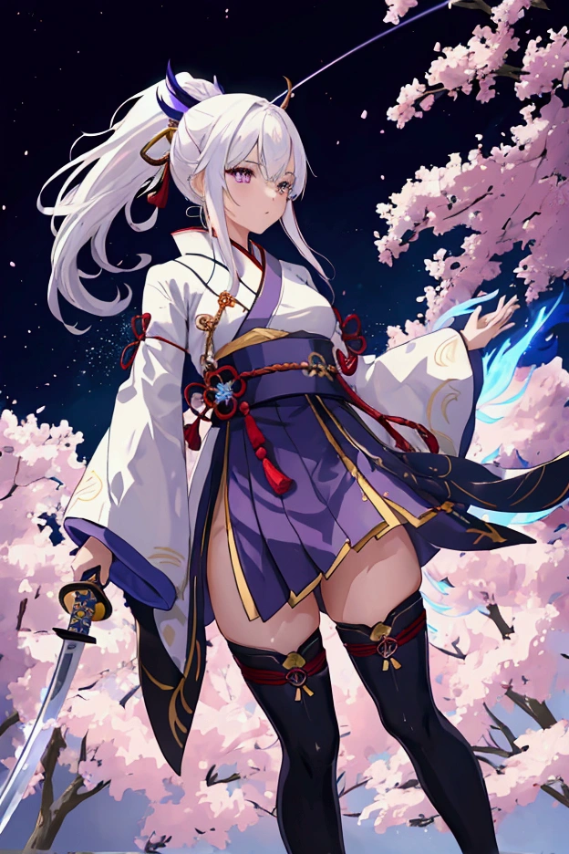 1girl, ,full body, japanese clothes, ponytail ,white hair, purple eyes, blue fire, blue flames, wallpaper, landscape, depth of field, night, light particles, light rays, sidelighting, thighs, fate \(series\), genshin impact, ****, open jacket, skirt, thighhighs, cloud, red katana, big background