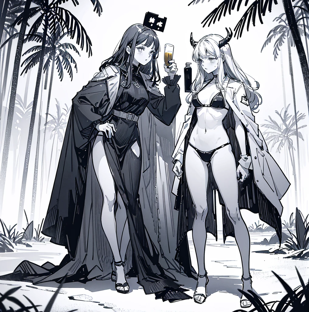 three woman standing next to each other in a field of trees and red bushes at sunset, next to a palm tree with a glass of beer in it, two women touching each other and two men in the background looking down and behind them, a woman standing on her stomach with bloody blood coming out the bottom, a sexy skeleton zombie in the dark holding glowing balls in his hand with three different spell behind her is speech bubble, a woman in a bikini on the floor with no clothes on, two women with black and white art in the background one woman has her hand up, bathing suit standing at, a female character dressed in a robot suit with no panties, a girl is shown wearing a cape and stockings with horns on her head and wearing lewd underwear