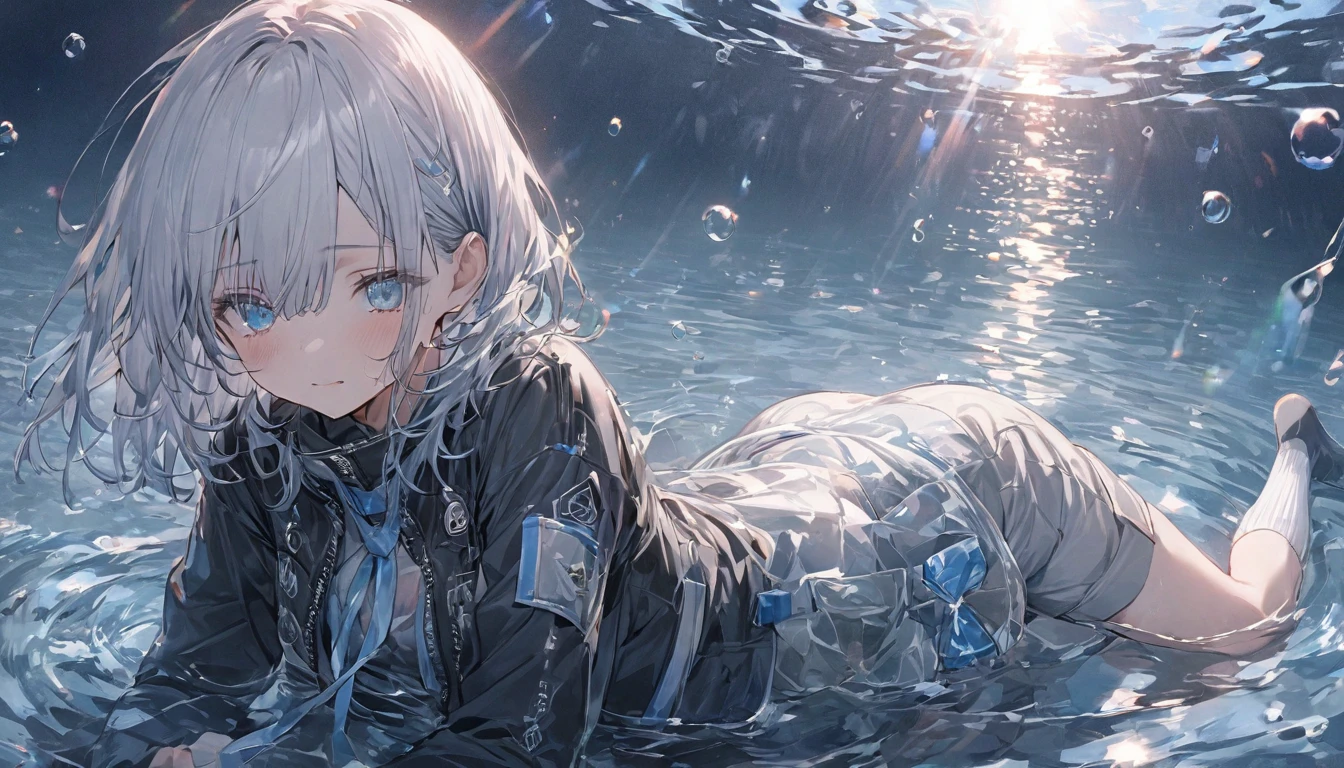 ((Highest quality)), ((masterpiece)), ((Very detailed)), (とても繊細in美しい), With a girl, 一人in, Cold attitude,((Black jacket)),She is very(relax)in(Calm)exterior,, Written boundary depth,bubble, In the water, Air bubbles,bright light blue eyes,Light grey hair in light blue tips and inner color,,,,,,,,,,Cold Background,Bob Hair - Line Drawing, Shorts、Knee-high socks、Like a white uniform 、Light blue ribbon tie、The clothes are transparent、Put your hands in your pockets、Eyes as bright as sapphire,Frontless Blue, 小さな青い光が浮かんinいた、Upward glance、foodie、Sad expression