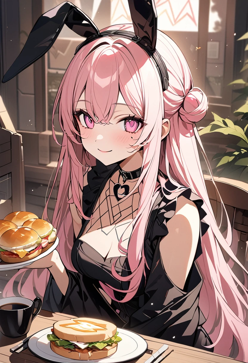 1 girl, Pink long hair, Heart shaped eyes,Bunny ears, {Pink semi-long hairの女の子、 The name Nami}, (Pink eye color), {breakfast、Fried egg、sandwich、coffee}, (smile), Light background , Mole under the eye, Heart-shaped choker, (masterpiece, Highest quality), Very detailed, Highest quality, Official Art, beautifully、aesthetic: 1.2), (1 girl), Very detailed, (Geometry Art: 1.3), colorful, Most detailed ?d1 girl, Pink semi-long hair, Eye of the symbol, +__+, Gothic Costume, {A girl with long pink bun hair The name Nami}, (Pink eye color), {breakfast、Fried egg、sandwich、coffee}, (smile), Light background, (garden,beautiful flower々),Mole under the eye, Heart-shaped choker, (masterpiece, Highest quality), Official Art, beautifully、aesthetic: 1.2), (1 girl), Very detailed, (Geometry Art: 1.3), colorful