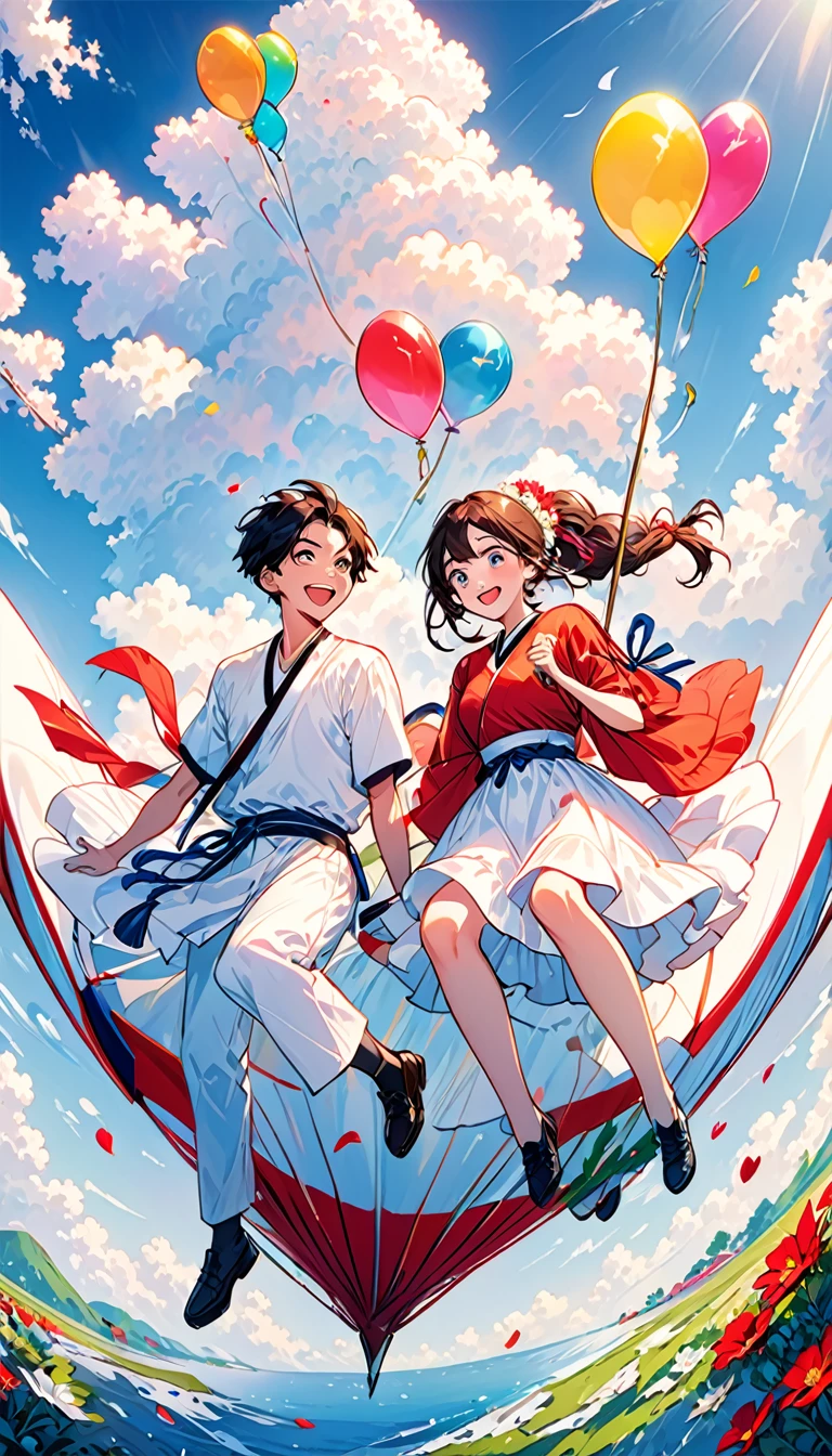 (Highest quality、Very detailed、Real:1.37)、humor、Manga style、Bold、Bright colors、Close to cool colors、Desaturate、Date、Girls and boys、Fun couple、Laughter、Floating Love、