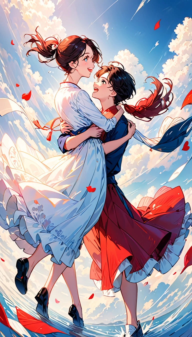 (Highest quality、Very detailed、Real:1.37)、humor、Manga style、Bold、Bright colors、Close to cool colors、Desaturate、Date、Girls and boys、Fun couple、Laughter、Floating Love、