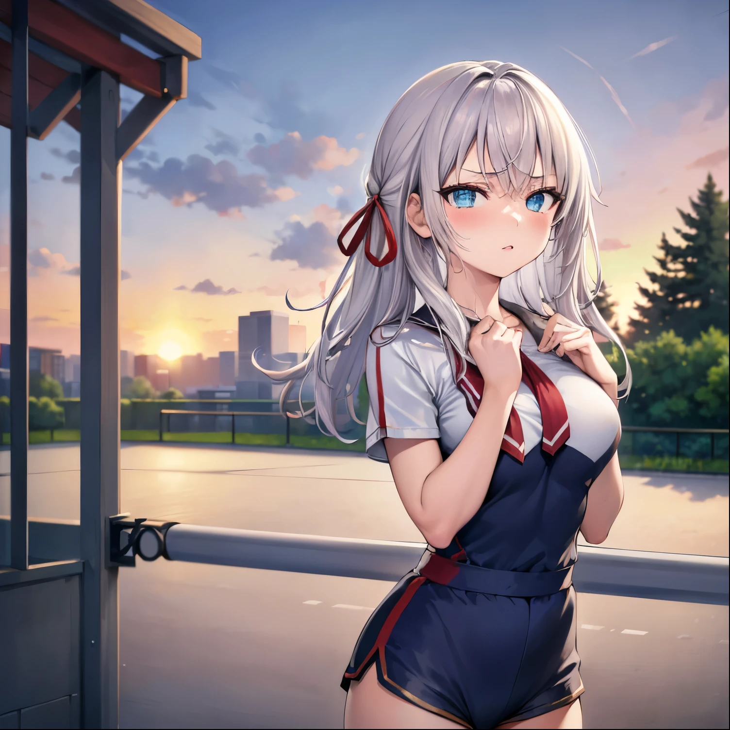 Best Quality, masutepiece,Ultra-detailed, Cute little girl s, 1girl in, Solo, a sailor suit, (Windflip skirt), (Glimpse of white panties through skirt), Looking at Viewer, Smile, On the rooftop, From  above, city, casual, Detailed cute face, ((Open chest)), ((Cute nipples))