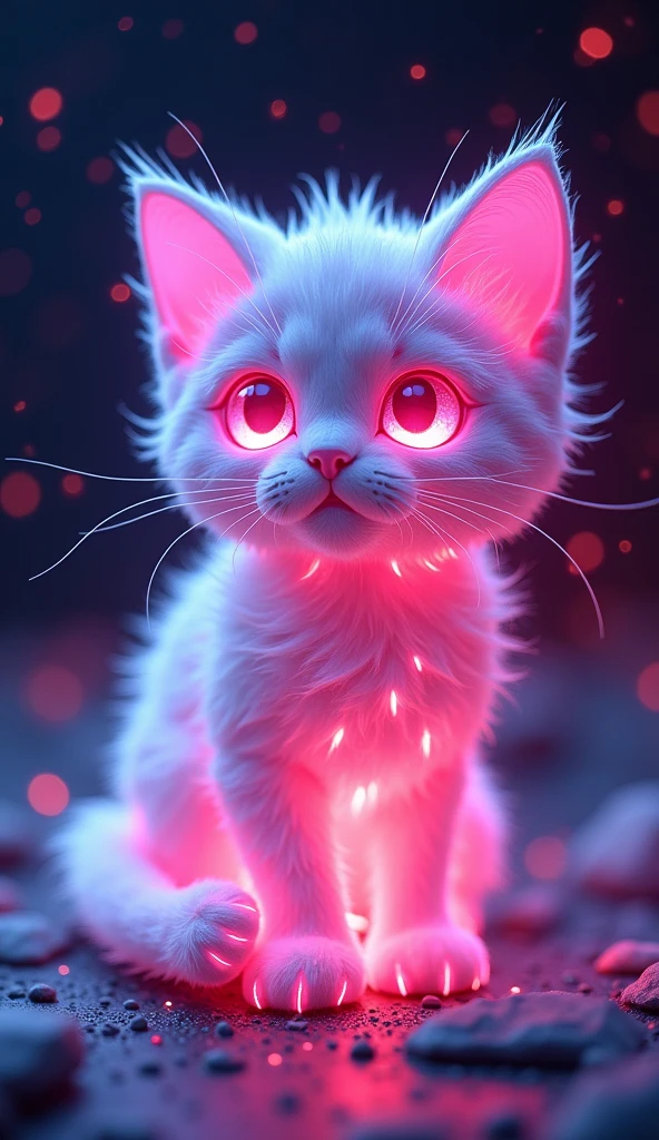 매혹적인 3D rendering은 빛나는 것을 보여줍니다., A very fluffy kitten sculpted entirely from crystal, glowing with vibrant neon colors. This low poly creature looks out of this world, Its big, Glowing low poly eyes that grab the viewer's attention. With a beautiful bokeh background, A glowing cat is the main focus of this piece.., Inspiring wonder and awe. The innovative use of neon hues and low-poly style in this conceptual art design highlights the artist's creativity and innovative approach to 3D rendering, It made it a truly fascinating and unique piece of art..., vibrant, 3D rendering, product, conceptual art, picture