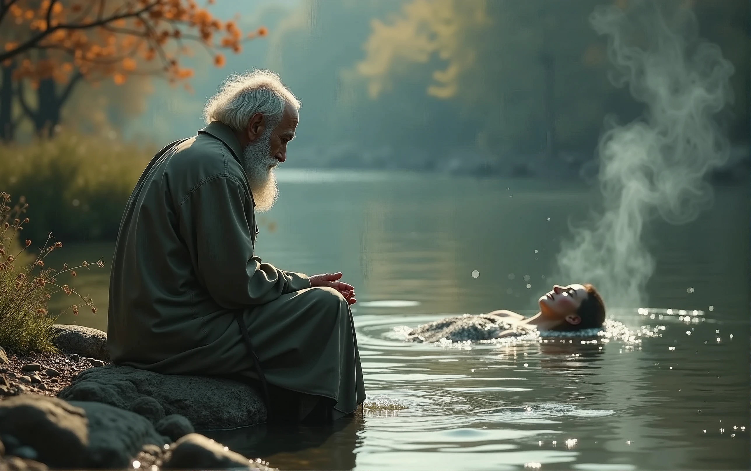 A photorealistic image of a wise old man sitting on a stone near the bank of a river. The old man sees a floating human dead body, passing in the river. Human dead body floating belly down, head underwater. A human body floating face down in a river. Half-submerged lens reveals his ultra-slim deformed by water figure in a grey loose dress. Masterpiece, best quality, 8K, photo realistic, wallpaper, wallpaper 8k, photographic contest winner, Hyperrealistic art cinematic film still photography in the style of detailed hyperrealism photoshoot. [Entire scene is surrounded by lights, evoking a magical and eerie atmosphere. The lighting is bright and atmospheric, with smoke adding a touch of sinister ambiance. Best quality image, HDR enhancement, showcasing the utmost level of detail and realism]. [8K, Best Quality, Ultra High Resolution, (highly detailed CG unity 8k wallpaper), (best photo), (best shadows), isometric 3D, octane rendering, ray tracing, highly detailed, (Best quality, 4K, 8k:1.2), absurdity, ultra detailed, (realistic, photorealistic, photorealistic:1.37), complex parts, HDR, (complex parts:1.12), (hyper detailed, hyper realistic, Soft lighting, spicy:1.2), (complex parts, Hyper detailed:1.15). Blurred foreground. (backlit), masterpiece, high quality, brightness, chromatic aberration, foggy smoke, shadows, contrast, clear sky, (warm hue, warm tone), high details, natural reflections].