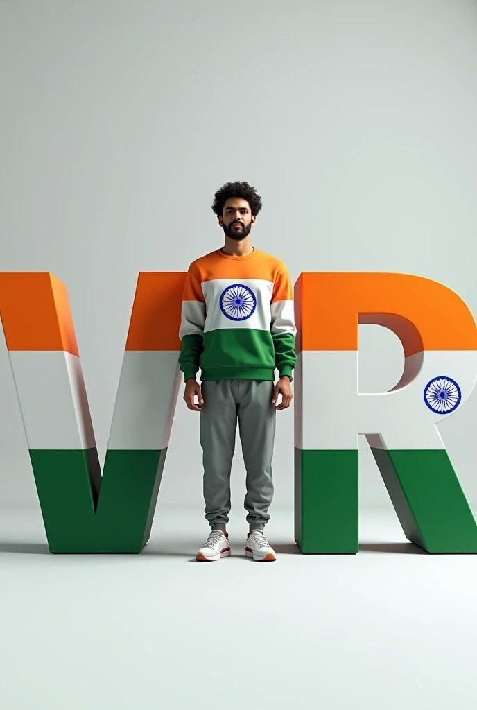 Create a 3d Realistic Image of a 21 Years Old Boy Sitting on a 3d Large Letter ‘p’ which has Indian Flag Color and Design and it has orange, white and green stripes and a blue Ashoka chakra in the middle. The background is a white and grey gradient background and the boy is wearing indian flag color sweat shirt with joggers and sneakers.