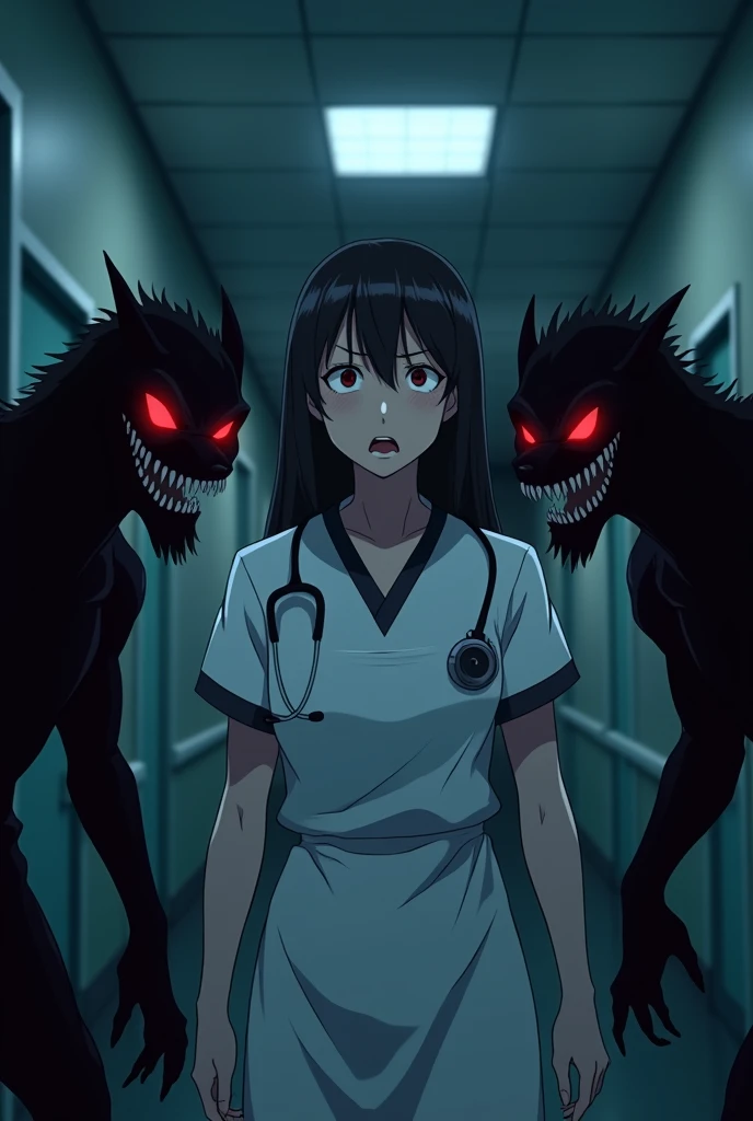 Animated scene. A frightened female doctor wearing apron. Night scene. Background having hospital. 2 black devil (totally black coloured having red eyes smiling)