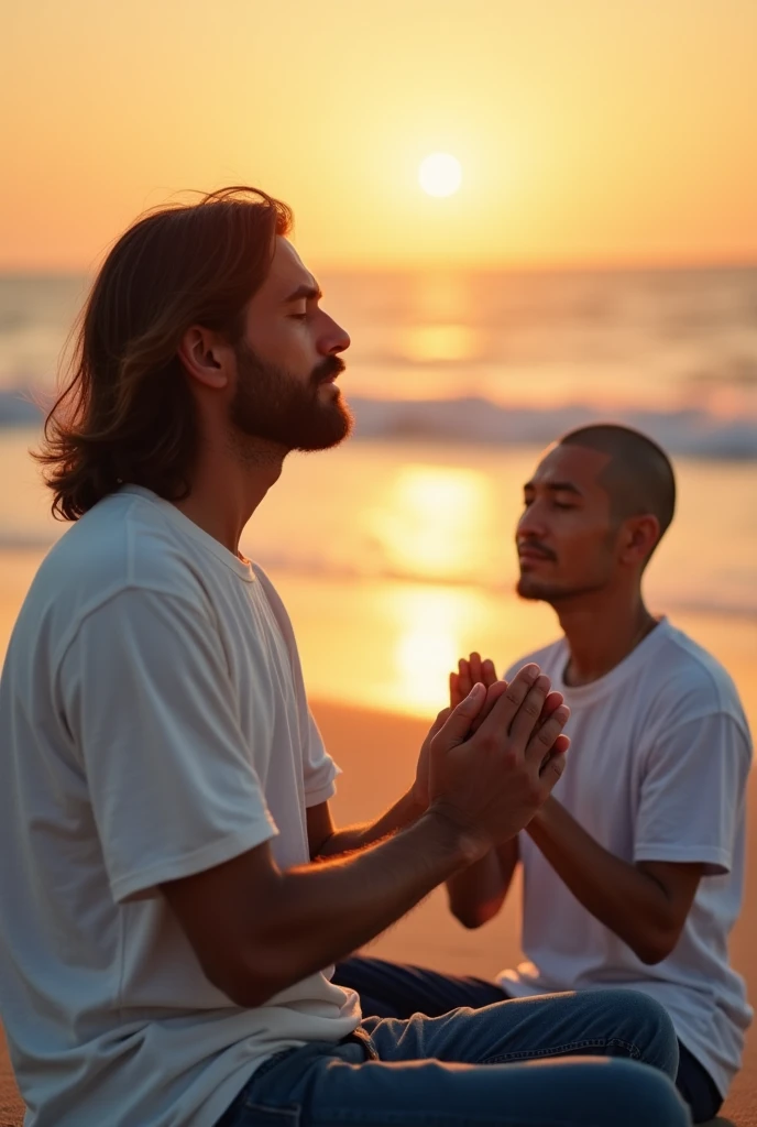 Viewed diagonally from above. Jesus Christ and a Japanese man meditate with their eyes closed on the beach. They sit on the sand and fold their hands in prayer with wise and compassionate faces. they are shining. Surrounded by rainbow-colored light. Twilight gradation. sunset. Jesus of Nazareth is depicted as a gentle, gentle man with shoulder-length hair. His wavy brown hair flows over his shoulders. His face conveys deep wisdom and empathy, radiating warmth and understanding. The other man is depicted as a kind-hearted Japanese man with a Buddha-like shaved head and a gentle, cheerful expression. The faces of Japanese men convey deep wisdom and empathy, and radiate warmth and understanding. They are wearing white T-shirts and jeans. Photography, close-up, highly detailed, trending at the art station, sharp focus, studio shot, intricate details, Greg Rutkowski,