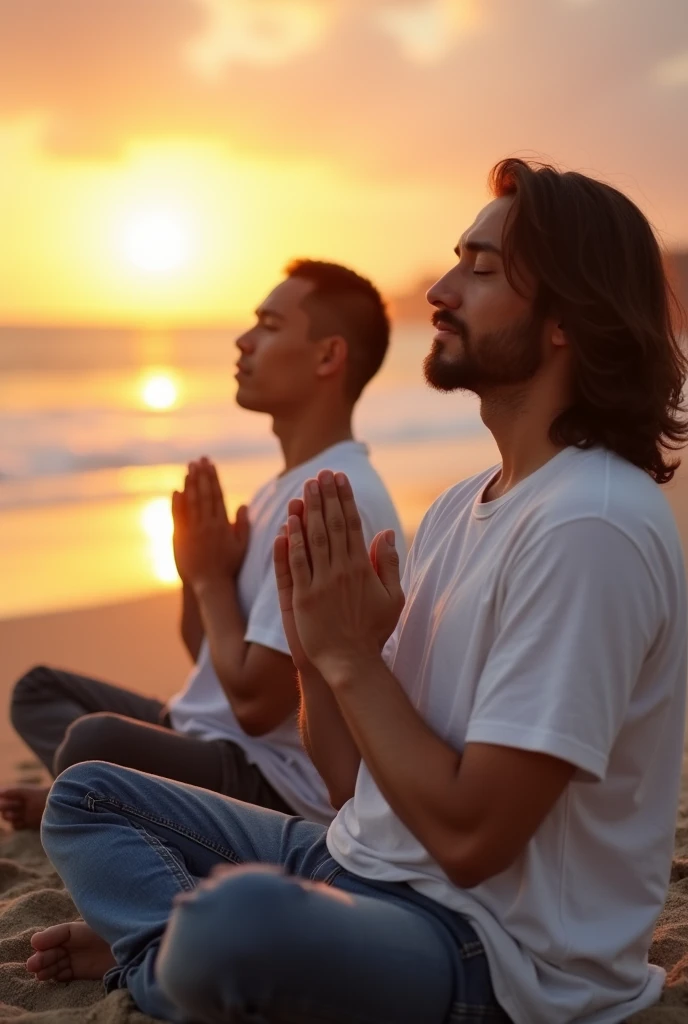 Viewed diagonally from above. Jesus Christ and a Japanese man meditate with their eyes closed on the beach. They sit on the sand and fold their hands in prayer with wise and compassionate faces. they are shining. Surrounded by rainbow-colored light. Twilight gradation. sunset. Jesus of Nazareth is depicted as a gentle, gentle man with shoulder-length hair. His wavy brown hair flows over his shoulders. His face conveys deep wisdom and empathy, radiating warmth and understanding. The other man is depicted as a kind-hearted Japanese man with a Buddha-like shaved head and a gentle, cheerful expression. The faces of Japanese men convey deep wisdom and empathy, and radiate warmth and understanding. They are wearing white T-shirts and jeans. Photography, close-up, highly detailed, trending at the art station, sharp focus, studio shot, intricate details, Greg Rutkowski,