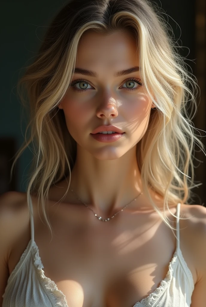 Young woman with warm look of grey eyes, Blonde hair falling in waves over the shoulders, slim figure with a narrow waist
