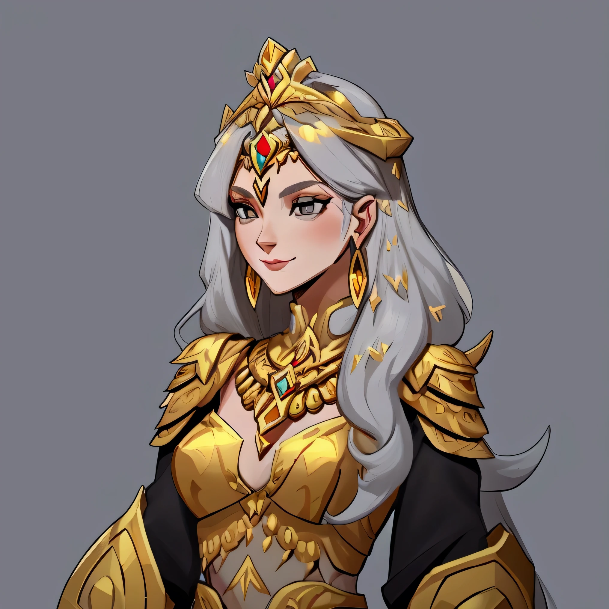 concept art, European and American comics, game character design, junior, Beautiful appearance like a goddess, european woman white long hair, Metal ornaments on the head, gray eyes, gold necklace on neck, ear ring earrings, Shoulder guard on shoulder, Female Warrior Armor, A little smile, Clean black lines