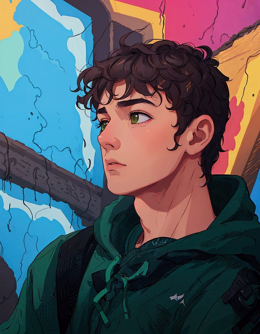 (best quality:0.8) perfect anime illustration, arafed young man in a green hoodie standing in front of a graffiti wall, portrait a 1 5 - - old , profile shot, male teenager, portrait of 1 5 - year - boy, hehot profile picture, young spanish man, high quality portrait, tommy 1 6 years old, he curly brown hair, teen boy, inspired by John Luke
