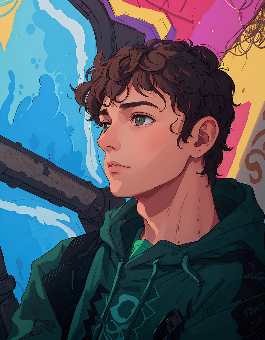 (best quality:0.8) perfect anime illustration, arafed young man in a green hoodie standing in front of a graffiti wall, portrait a 1 5 -  - old , profile shot, male teenager, portrait of 1 5 - year - boy, hehot profile picture, young spanish man, high quality portrait, tommy 1 6 years old, he  curly brown hair, teen boy, inspired by John Luke