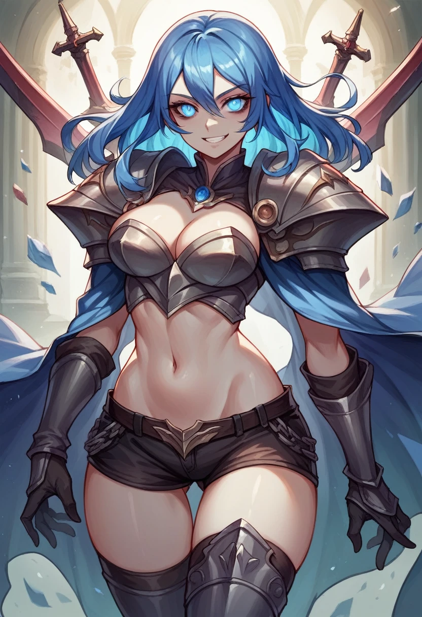 (Highly quality, masterpiece, detailed), undead city detailed scenario, undead city detailed background, 1girl, Magik, midriff, thigh highs, gloves, short shorts, cleavage, soul sword, evil smile, armored left arm, glowing blue eyes, navel, perfect face, beautiful eyes, looking at the viewer, Sexy pose