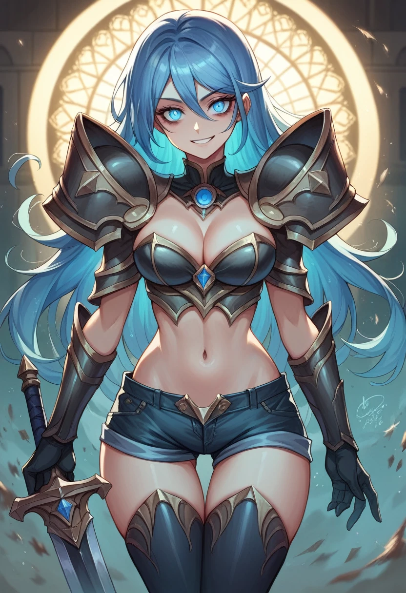 (Highly quality, masterpiece, detailed), undead city detailed scenario, undead city detailed background, 1girl, Magik, midriff, thigh highs, gloves, short shorts, cleavage, soul sword, evil smile, armored left arm, glowing blue eyes, navel, perfect face, beautiful eyes, looking at the viewer, Sexy pose