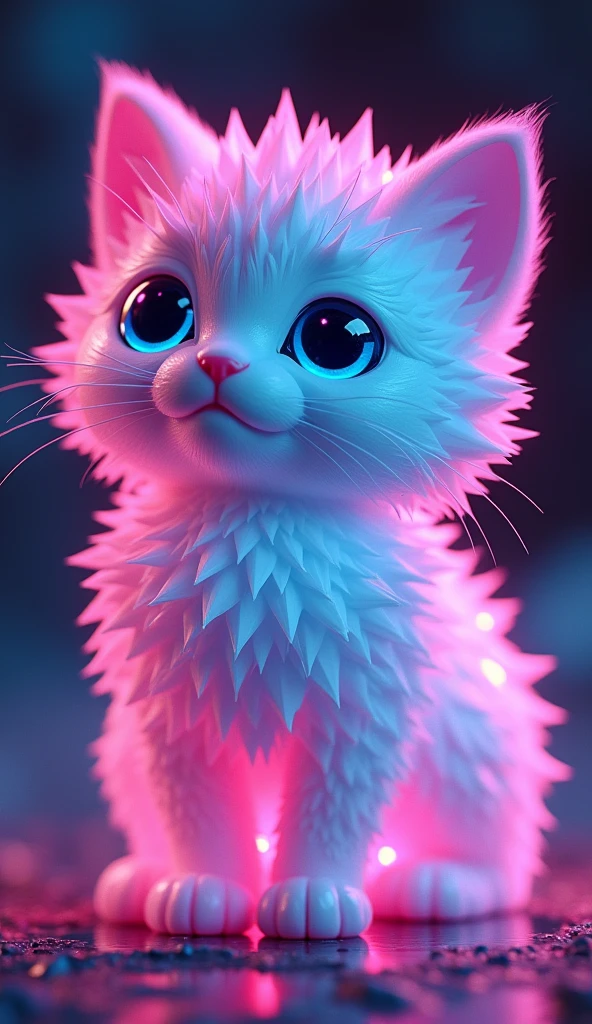 매혹적인 3D rendering은 빛나는 것을 보여줍니다., A very fluffy kitten sculpted entirely from crystal, glowing with vibrant neon colors. This low poly creature looks out of this world, Its big, Glowing low poly eyes that grab the viewer's attention. With a beautiful bokeh background, A glowing cat is the main focus of this piece.., Inspiring wonder and awe. The innovative use of neon hues and low-poly style in this conceptual art design highlights the artist's creativity and innovative approach to 3D rendering, It made it a truly fascinating and unique piece of art..., vibrant, 3D rendering, product, conceptual art, picture