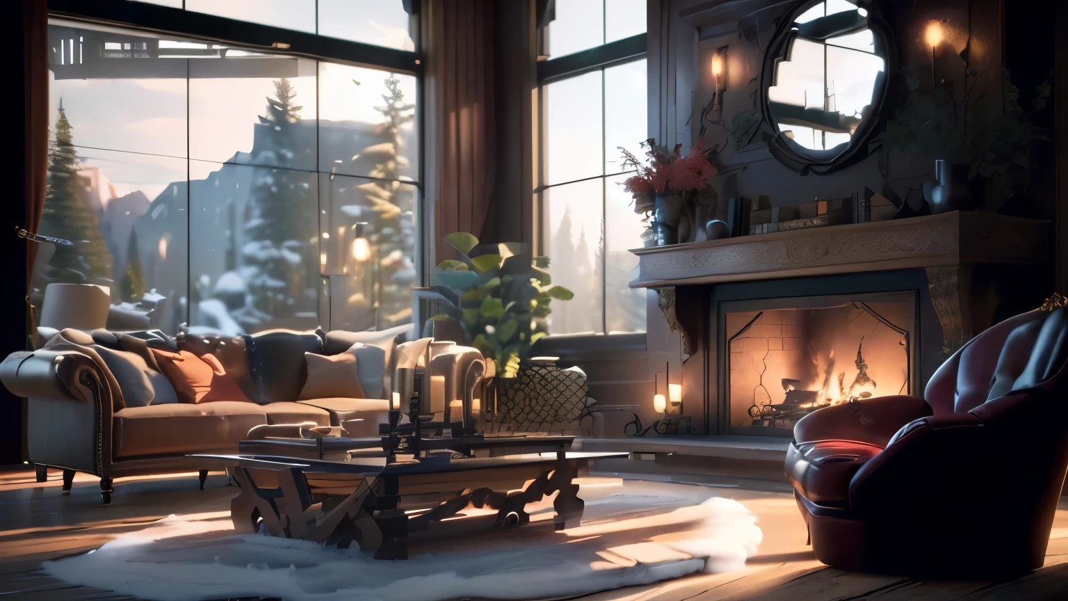 There is a living room with a fireplace and sofa., Advanced Rendering in Unreal 5 Engine, unreal 5 engine rendered, Unreal Engine realistic rendering, unreal 5 engine render, Highly realistic Unreal Engine, Cinematic Rendering Unreal Engine, Unreal Engine Rendering Styles, Detailed Unreal Engine 5 Rendering, Unreal Engine 5 rendered, Realistic Unreal Engine 5, realistic unreal engine 3 d game