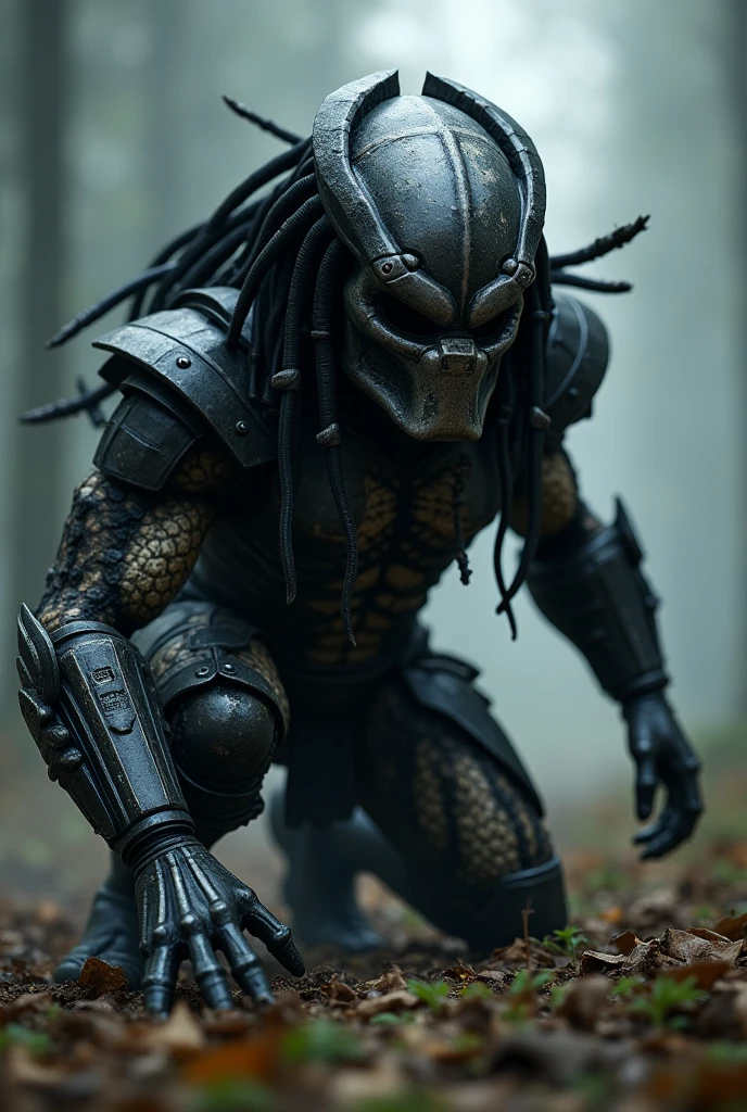 Predator,wearing black armor,Half squatting on the ground,One hand on the ground,Put it in front of your nose and smell it,Eyes looking into the distance