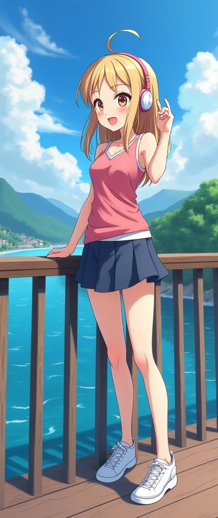 A beautiful anime,cute woman,with headphones,on bridge, daytime, beautiful scenery, joyful, happy, skirt and top sexy,, with white sneakers, looking another side,oil painting,long image fit in wallpaper HD,no blur face,no error, enjoying view sitting, different dress colour long image fit in wallpaper HD 
