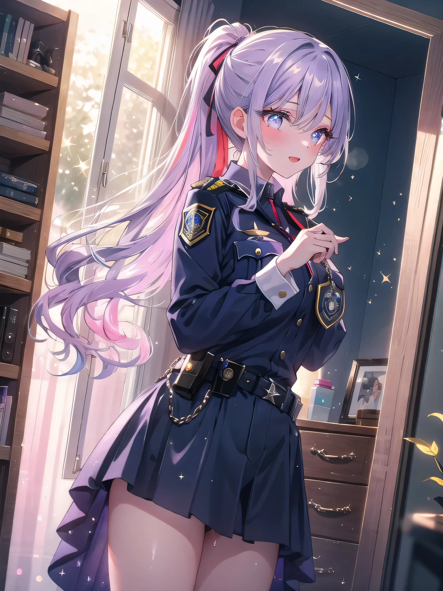 ((8k, Highest quality, masterpiece: 1.3)),Ultra-high resolution,(1 girl, alone), (Color changing eyes, Ultra-detailed, Expressive brilliance, Glitter, Glowing Eyes), Highly detailed eyes, Highly detailed face, Random Hair, ((pastel colour)),A playful young woman with pastel lavender hair styled into a high ponytail, standing near her closet in her stylish bedroom during the late afternoon. She is dressed in a y police officer cosplay, wearing a tight navy blue uniform, a badge pinned to her chest, and a pair of handcuffs hanging from her belt. The camera captures her from a side angle as she playfully twirls the handcuffs around her finger, her expression confident and teasing. The room is filled with warm, natural light, with a full-length mirror reflecting her figure, and a few scaed clothes adding to the casual yet seductive atmosphere,(nsfw:1.2)