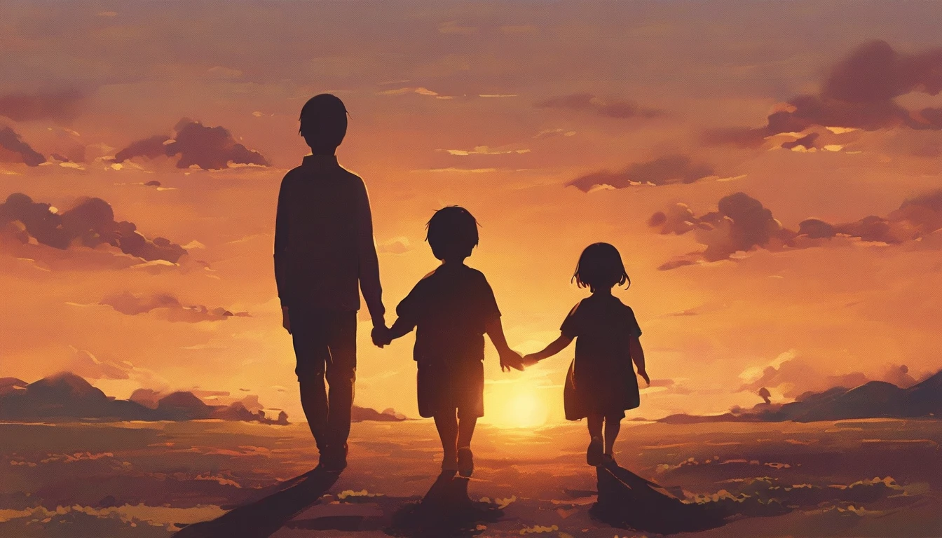 In the sunset、Back view of a child walking with his hand on his parent's shoulder