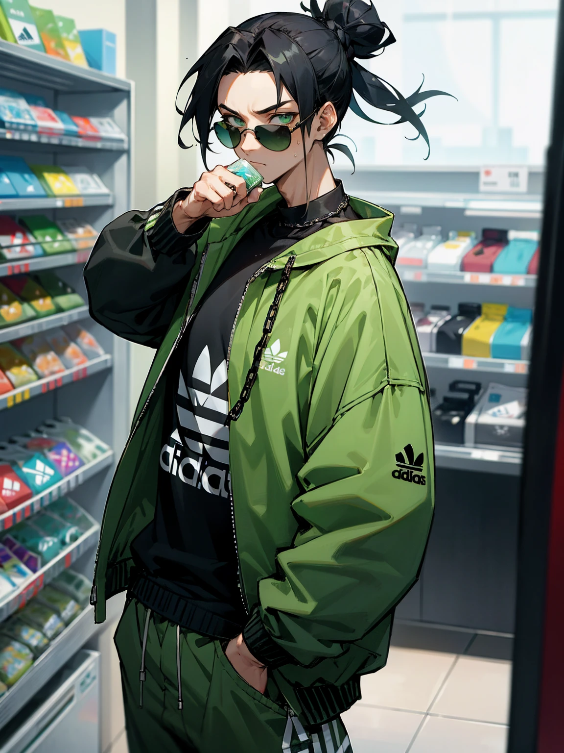 1male, hawaiian hair, black hair, top knot hair, green eyes, adidas jacket, black sweatshirt, adidas sweatpants, chain, convenience store, sunglasses