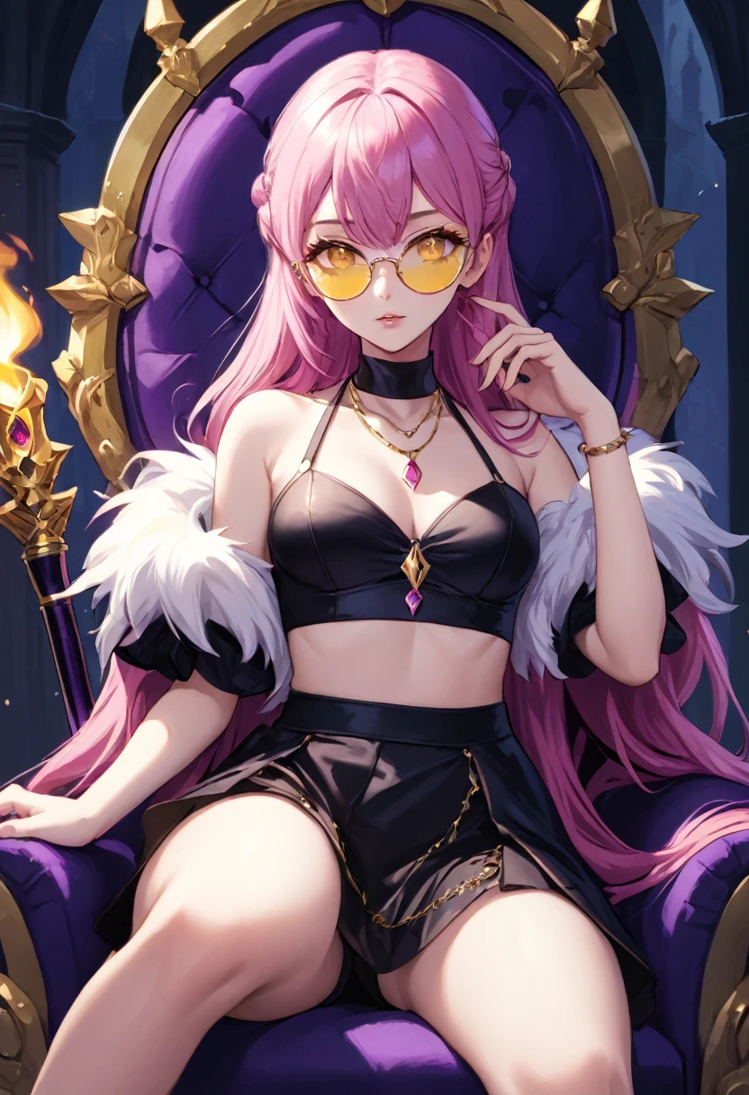 score_9, score_8_up, score_7_up, masterpiece, high quality, 1girl, long hair, pink hair, yellow eyes, makeup, hair over shoulder, fur boa, fur trim, necklace, halterneck, bare shoulders, detached sleeves, midriff, petticoat, golden claws, pink-tinted eyewear, pince-nez, round eyewear, sitting on a purple throne in a castle, dark, torches