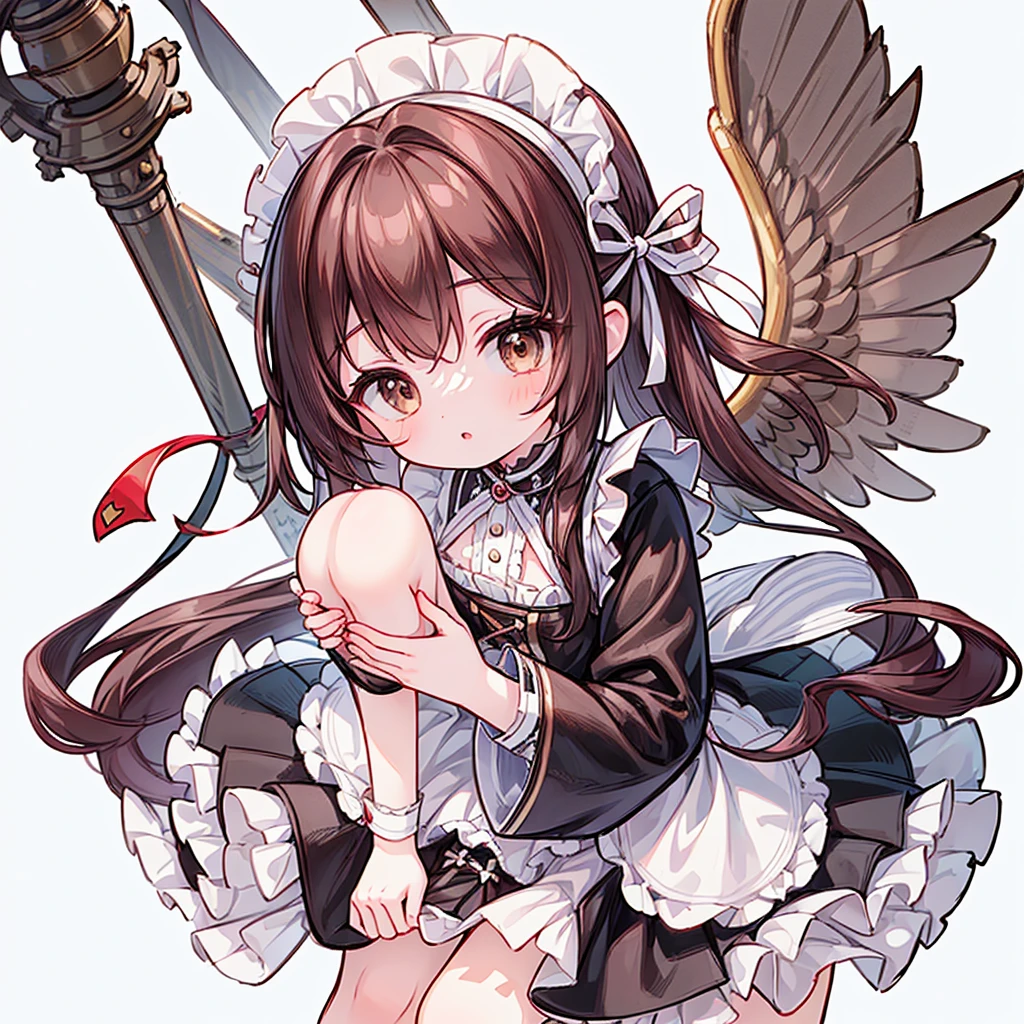 ((masterpiece)), ((best quality)), ((ultra detailed)), cute girl, brown long hair, beautiful brown eyes, maid costume, ribbons, angel wing, 🤍, ((simple white background))