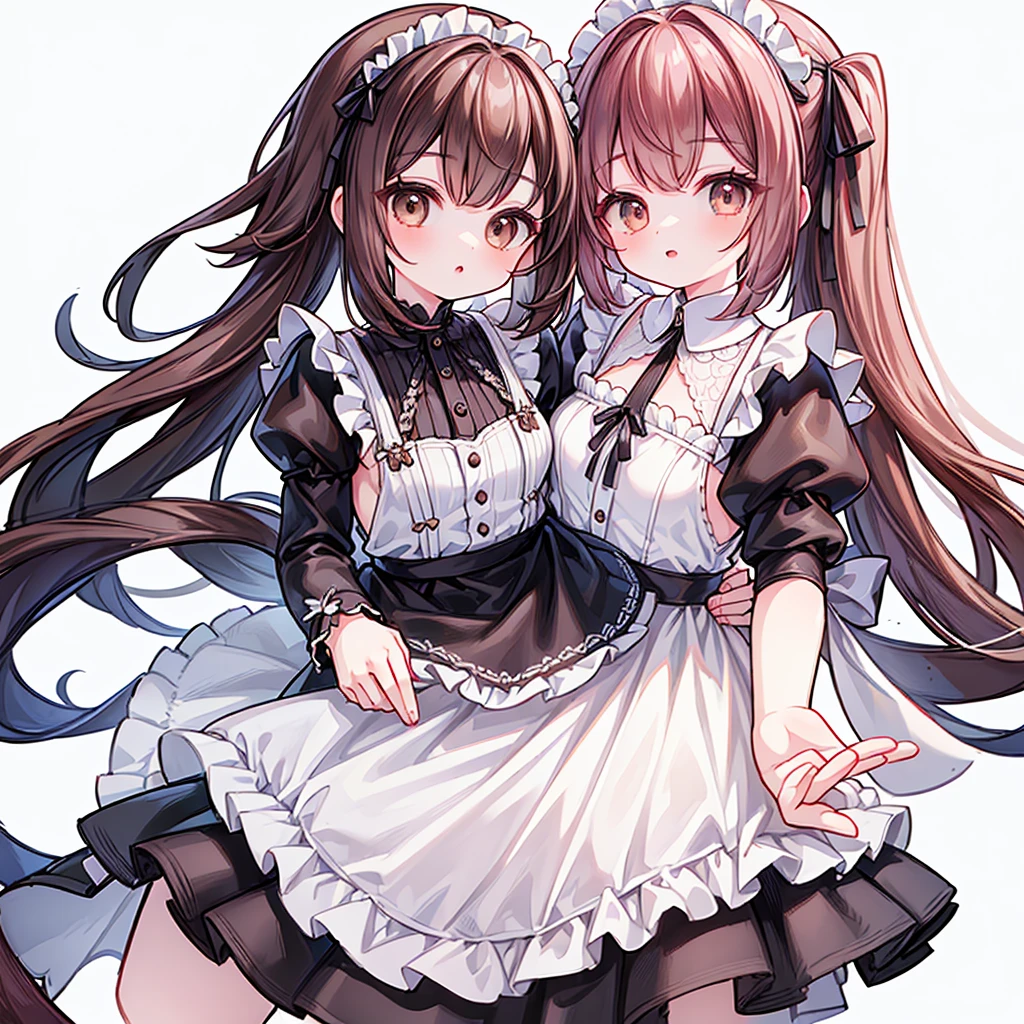 ((masterpiece)), ((best quality)), ((ultra detailed)), cute girl, brown long hair, beautiful brown eyes, maid costume, ribbons, angel wing, 🤍, ((simple white background))