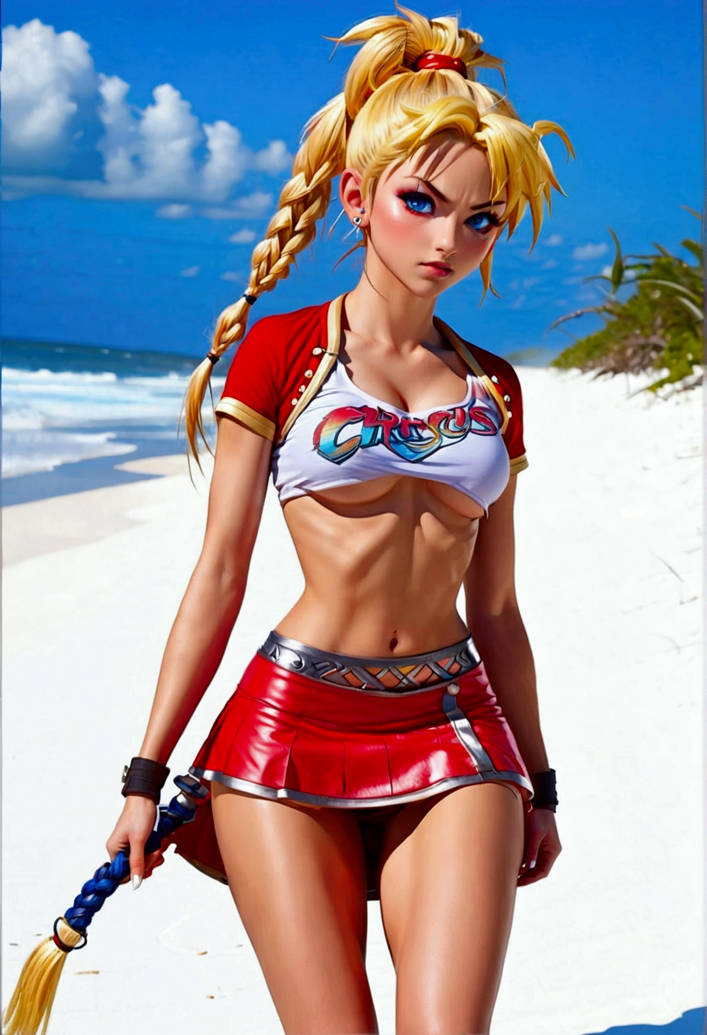 (promotional art), (Kid from Chrono Cross), yellow hair in high ponytail braid, sapphire blue eyes, very slender toned frame, medium/large bust, flat tummy, very pale white skin, (strong glutes), fierce expression, BREAK: (tight red micro skirt with extremely high front slit:1.3), highly cropped red jacket with short sleeves, white crop top under jacket, (underboob showing), BREAK: 1/4 walking pose, on a white sand beach, ocean spray shooting up behind her