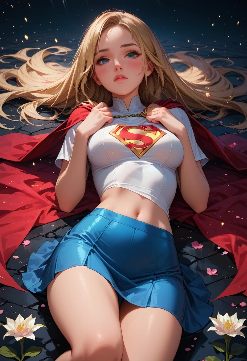 score_9, score_8_up, score_7_up, 1girl, supergirl, view from above, blonde hair, long hair, blue eyes, blush, laying, posing, tight short blue skirt, tight white shirt, short red cape, opal, medium breasts, midriff, looking at viewer, bright particles, darkness, gloom, golden cherry blossom tones, Japanese aesthetic, lilies, explosive bright particles in the form of sparks of light, black theme, black background concept art