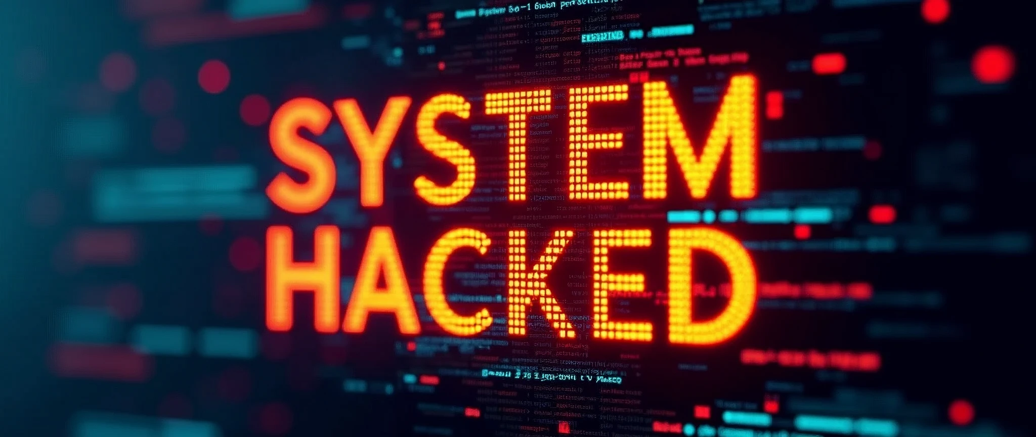The words "SYSTEM HACKED" appeared on a digital screen against a background of data flows and code in the style of an orange, dark blue and red color scheme evoking a tech aesthetic. The 3D rendered image had high resolution photography with sharp focus and professional lighting resembling a studio setup typically used for stock photos