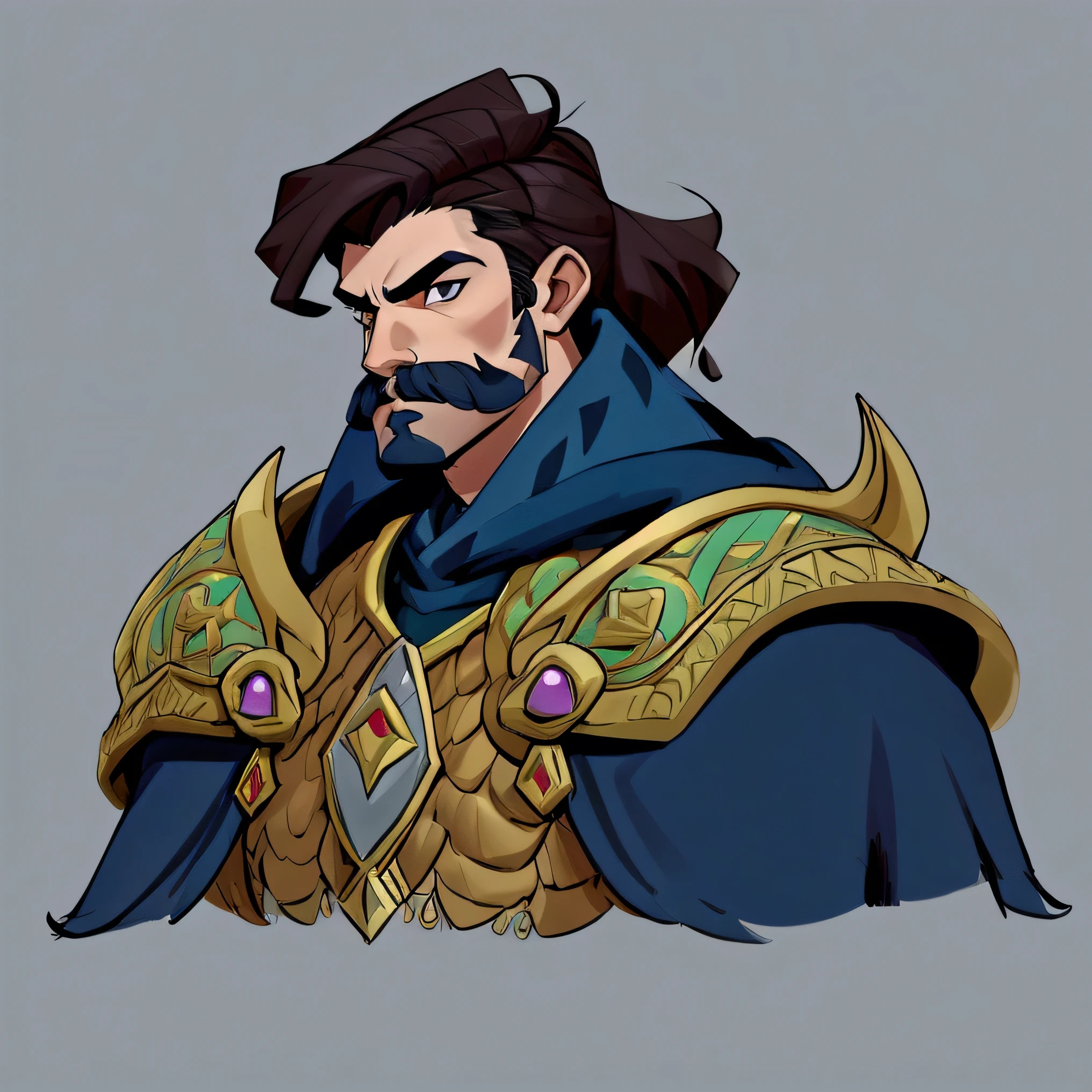 concept art, European and American comics, game character design, 1boy, solo, Male-centric, mustache, dark brown hair, blue cloak, A young warrior in his mid-twenties, Horned Helmet, 콧mustache, Gureotnarut, sharp jawline, Fierce eyes, Fantasy rpg game-like armor, Draw only up to the chest