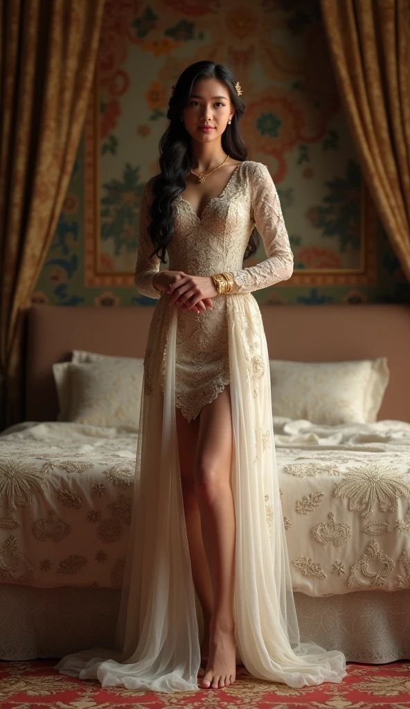 naked malay muslim bride standing full frontal with leg spreading waiting at the bed on her wedding day realistic