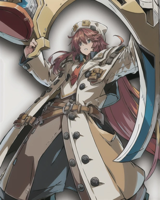 (masterpiece, best quality), 
Slayer from guilty gear, a man in a greenish brownish suit and red tie holding a smoking pipe, guilty gear art style, guilty gear art direction, guilty gear, chrono trigger guilty gear style, guilty gear strive graphics, fighting game character, official character art, guilty gear strive splash art, hiroyuki takahashi color scheme, main character, kazuma kaneko, solo, white background, simple background, standing, full body, looking at viewer, long hair, red hair, (sword), 