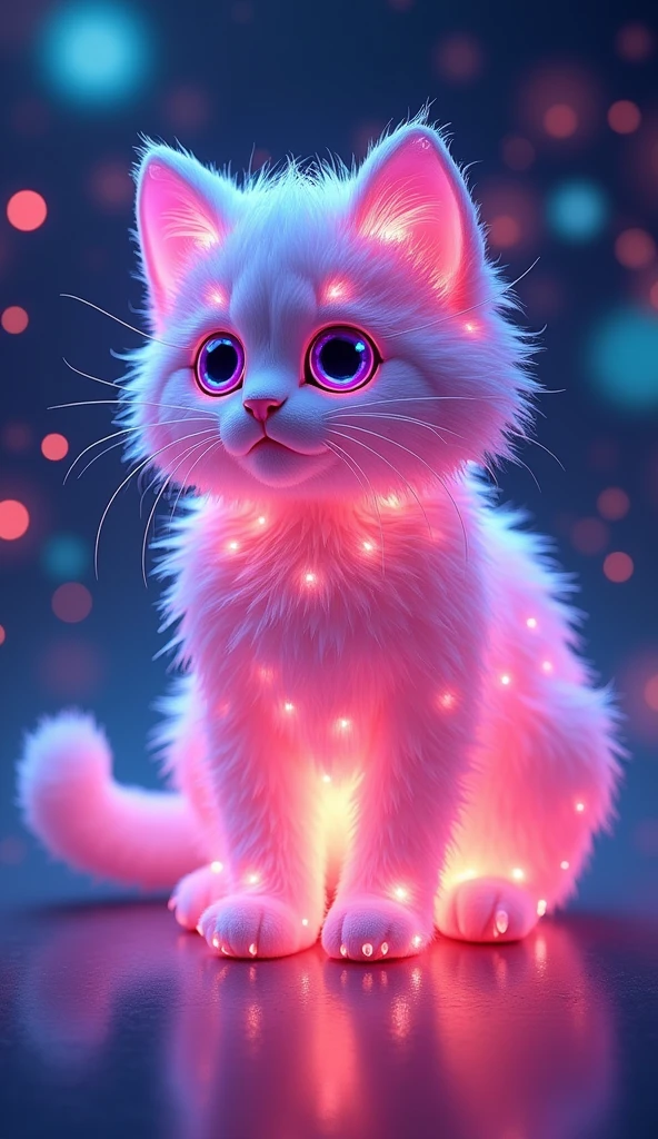 매혹적인 3D rendering은 빛나는 것을 보여줍니다., A very fluffy kitten sculpted entirely from crystal, glowing with vibrant neon colors. This low poly creature looks out of this world, Its big, Glowing low poly eyes that grab the viewer's attention. With a beautiful bokeh background, A glowing cat is the main focus of this piece.., Inspiring wonder and awe. The innovative use of neon hues and low-poly style in this conceptual art design highlights the artist's creativity and innovative approach to 3D rendering, It made it a truly fascinating and unique piece of art..., vibrant, 3D rendering, product, conceptual art, picture