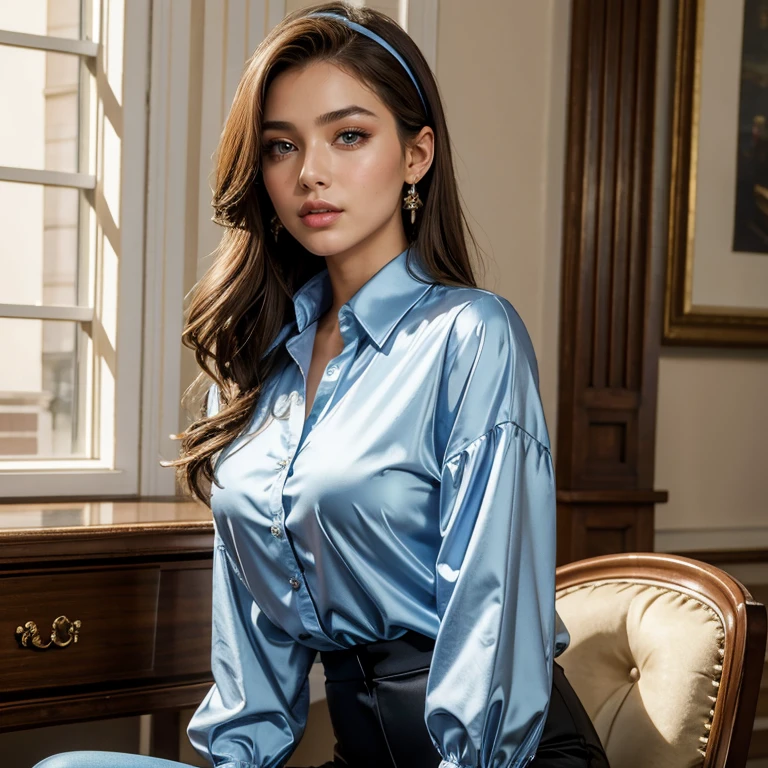 (masterpiece, best quality:1.5), highest quality, High resolution, super detailed, Realists, Upper body photo of a brunette 22-year-old woman, detailed and beautiful eyes, beautiful detailed lips, very detailed eyes and face, longeyelashes, 22-year-old woman in a shirt made of blue shiny satin fabric and white trousers, Beautiful and colorful makeup, elegant and noble々Pose,shiny satin headband,, Office as background, bright daylight, bright colors, fine brushstrokes, Portrait style, beautiful color palette, glowing skin, First-class rendering, that captures every detail, enchanting atmosphere, (perfect anatomy:1.2), (The stunning woman wears a blue satin shirt and black pants. (magnificent panorama view:1.2)