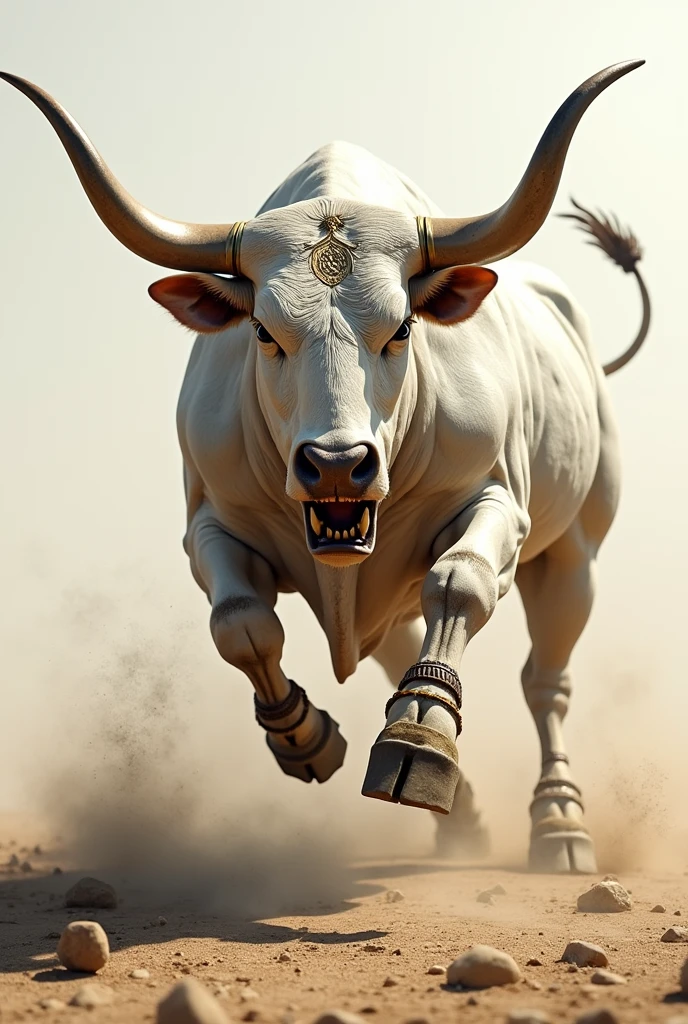 Angry white bull with long horns and having lots of ornaments, running to dash