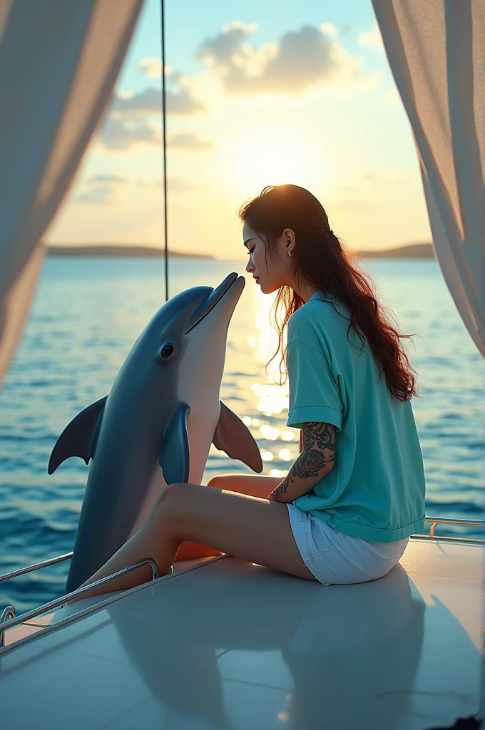 a young korean woman, with tattoos on his arms and long brown hair.candy blue silk shirt, white shorts.sitting on the deck of a sleek sailboat with the curtains open,seems to be kissed by a dolphin. The background shows a calm sea view with clear blue water with the reflection of the afternoon sun., thin cloud, and views of the land in the distance.afternoon sky atmosphere.