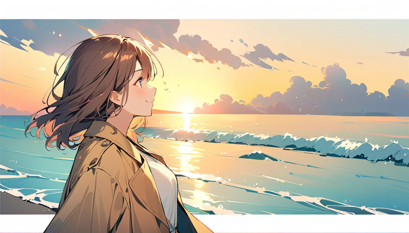 A girl with brown wavy bob hair wearing a trench coat。　profile、Smiling and looking at the sea、cute。
