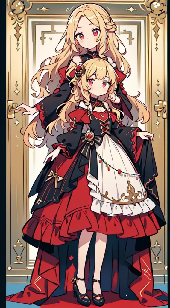 1girll,((full bodyesbian、Standing picture)), Fluffy long blonde hair,Curly,Red colored eyes,Black and red luxury dresses,Wealthy and noble family,full body standing painting,Ultra-detailed CG,Exquisite facial features,Clear facial expressions,Detailed Digital Anime Art,digital anime art,High quality anime art style