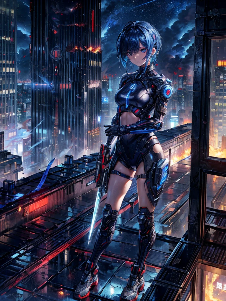 absurdes, RAW Photos, Very delicate and beautiful, masterpiece, Highest quality, Ultra-high resolution, 32K, surreal, Very detailed, cyberpunk world、20-year-old, Delicate facial features,, Earrings, Medium chest, Full Body Shot, Shorten the middle part of the hair, Beautiful Blue Hair, , short Hairstyles、Cyber Tech Suit with realistic texture、The fabric is thin,City background.(night、Rooftop of a burning building:1.5)
Hair in front of eyes, Blue Hair/Light blue hair, Hair that falls over the shoulders, (Carrying a weapon、have a weapons:1.2)