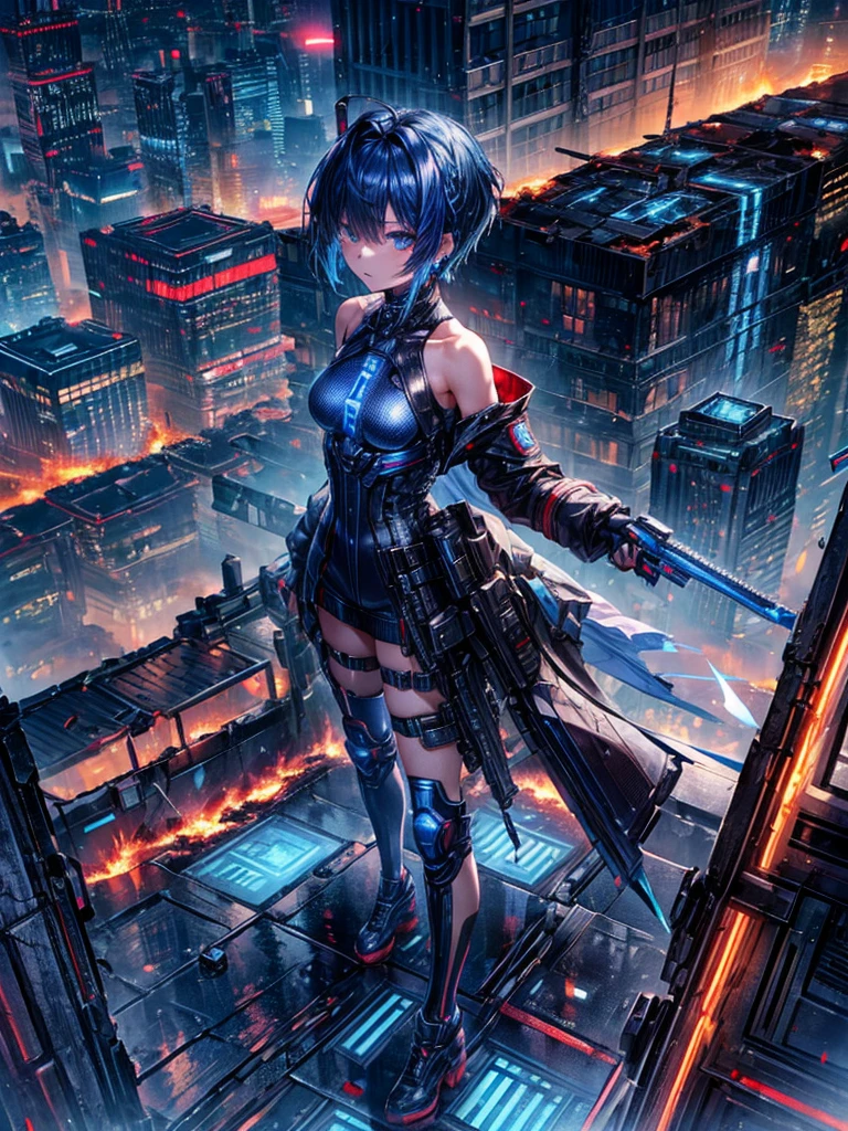 absurdes, RAW Photos, Very delicate and beautiful, masterpiece, Highest quality, Ultra-high resolution, 32K, surreal, Very detailed, cyberpunk world、20-year-old, Delicate facial features,, Earrings, Medium chest, Full Body Shot, Shorten the middle part of the hair, Beautiful Blue Hair, , short Hairstyles、Cyber Tech Suit with realistic texture、The fabric is thin,City background.(night、Rooftop of a burning building:1.5)
Hair in front of eyes, Blue Hair/Light blue hair, Hair that falls over the shoulders, (Carrying a weapon、have a weapons:1.2)