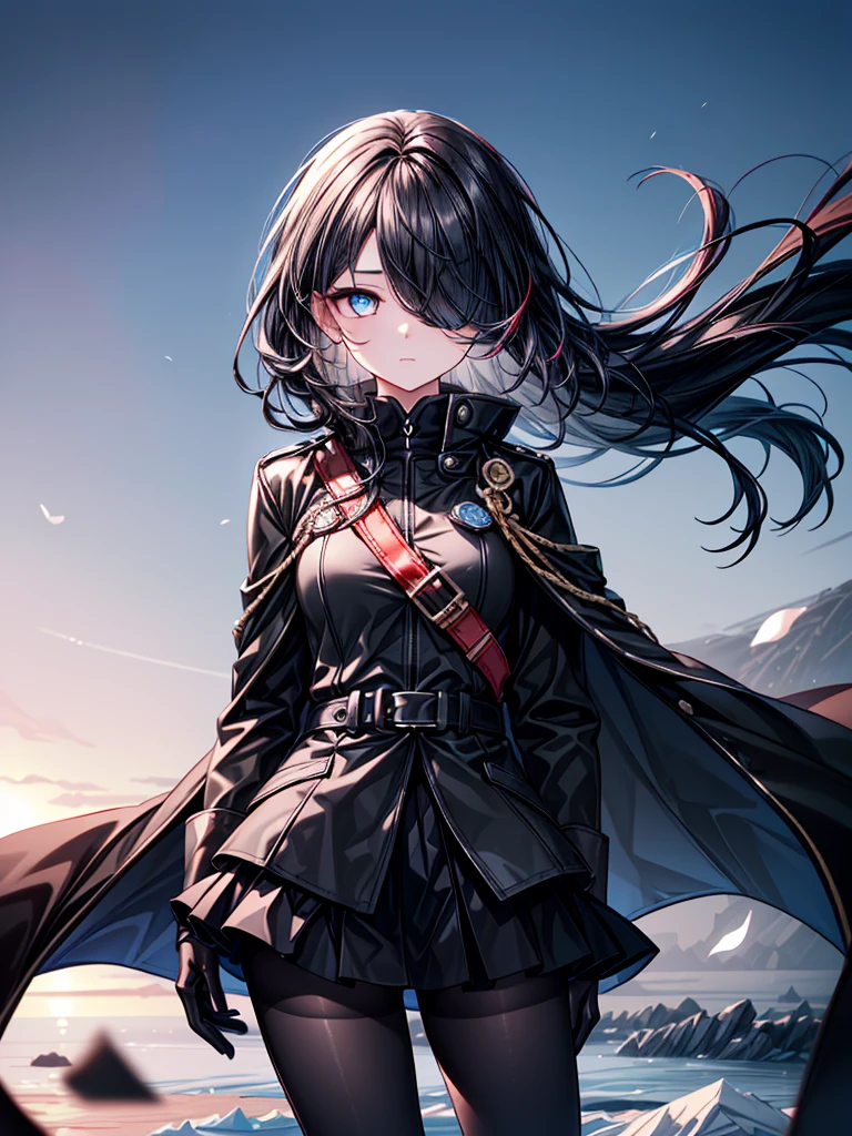 ((Oriental Project)),((Celestial Glacier)),((masterpiece)),((Highest quality)),((black micro mini length skirt)),((alone)),((Deep blue pupils)),((sparkling eyes)),(Beautiful Blue Eyes),((Wearing a black coat)),(((Wearing black tights))),(Slim body),((length, Shiny black hair)),((Her left eye is completely hidden by her bangs)),((Her hair is parted, and you can see her eyes through it)),((Wearing black gloves)),((hair over one eye,long hair)),((Complex background)),((Hair blowing in the wind))